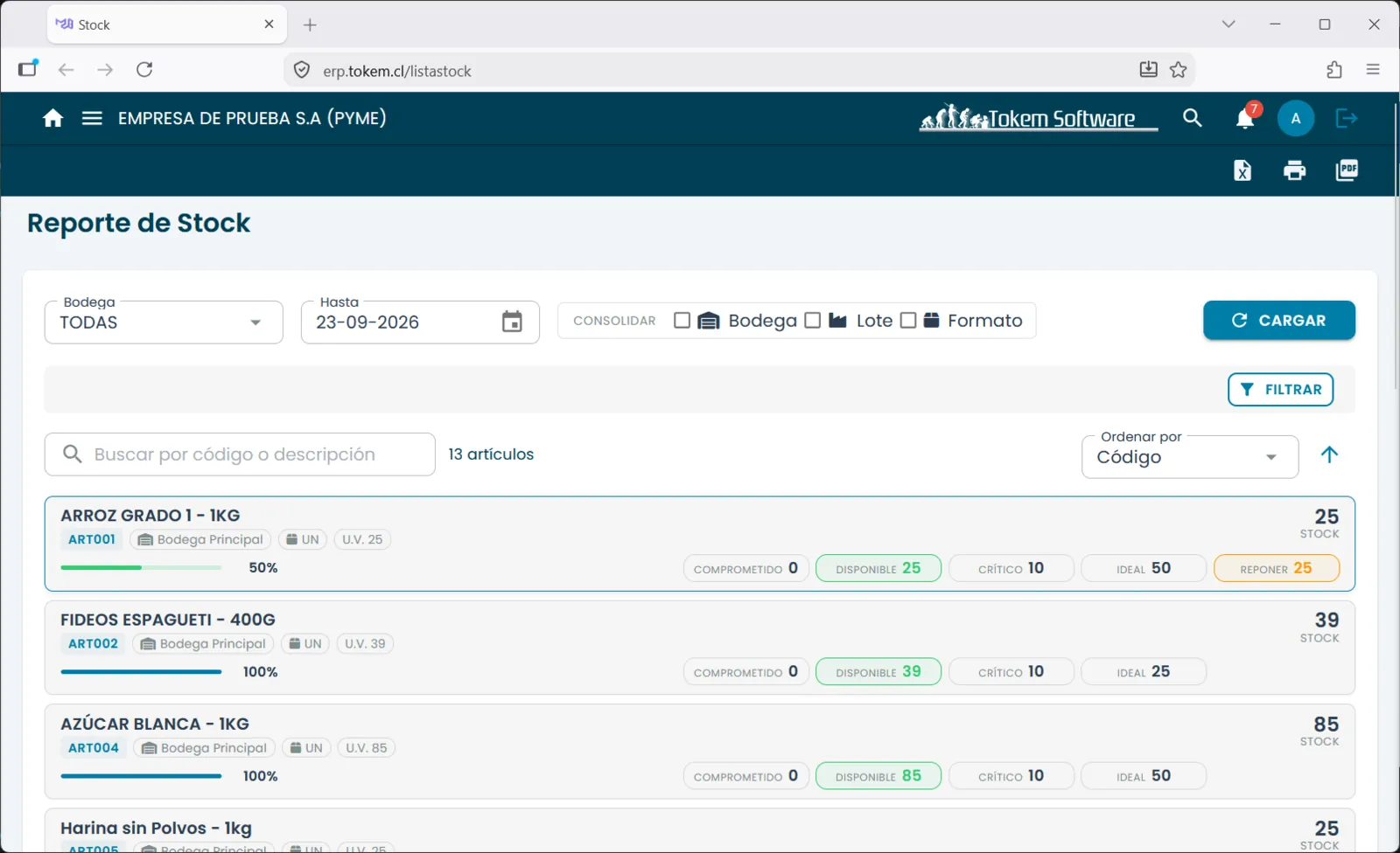 Reporte de stock de Tokem ERP con disponible, comprometido, crítico e ideal por artículo