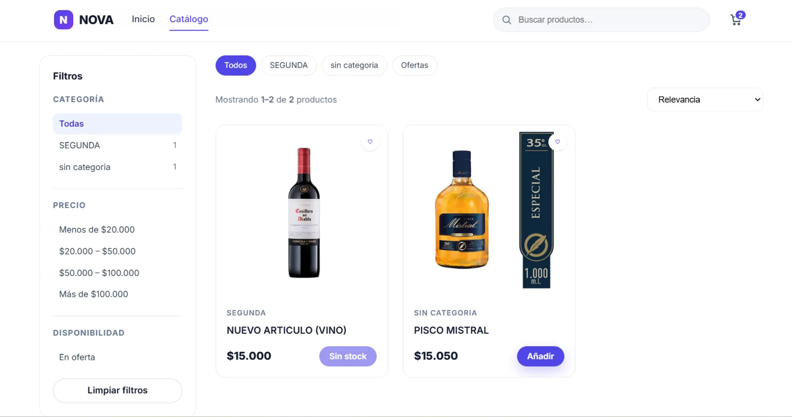 Catálogo web de la tienda integrada de Tokem mostrando productos con precio, stock y carrito de compra
