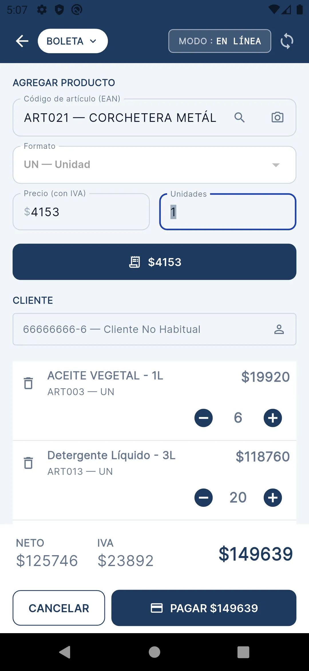 Pantalla del POS móvil de Tokem emitiendo una boleta desde el teléfono