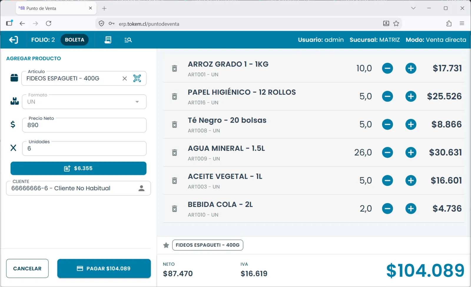 Punto de Venta de Tokem ERP: artículos agregados, total con IVA y botón de pago