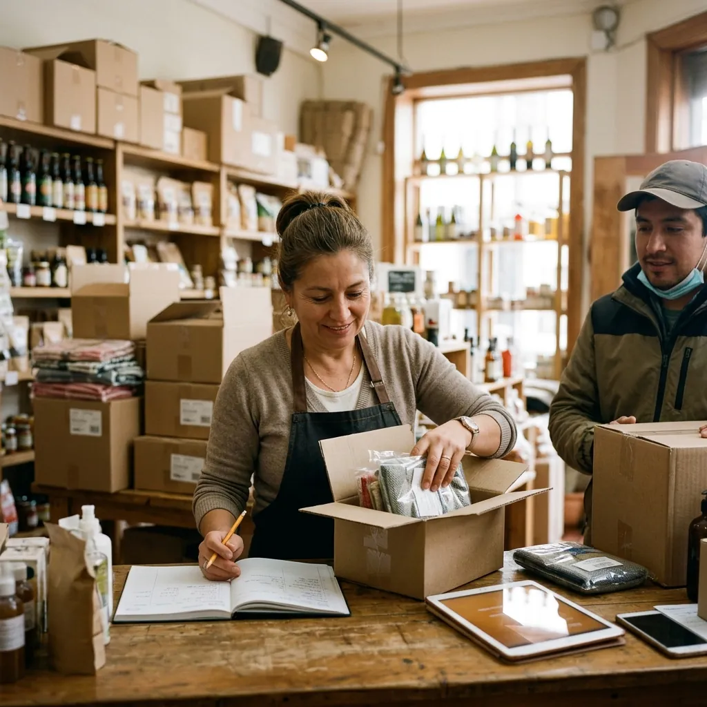 Comerciante recibiendo y anotando la mercadería en consignación en el mesón de su tienda
