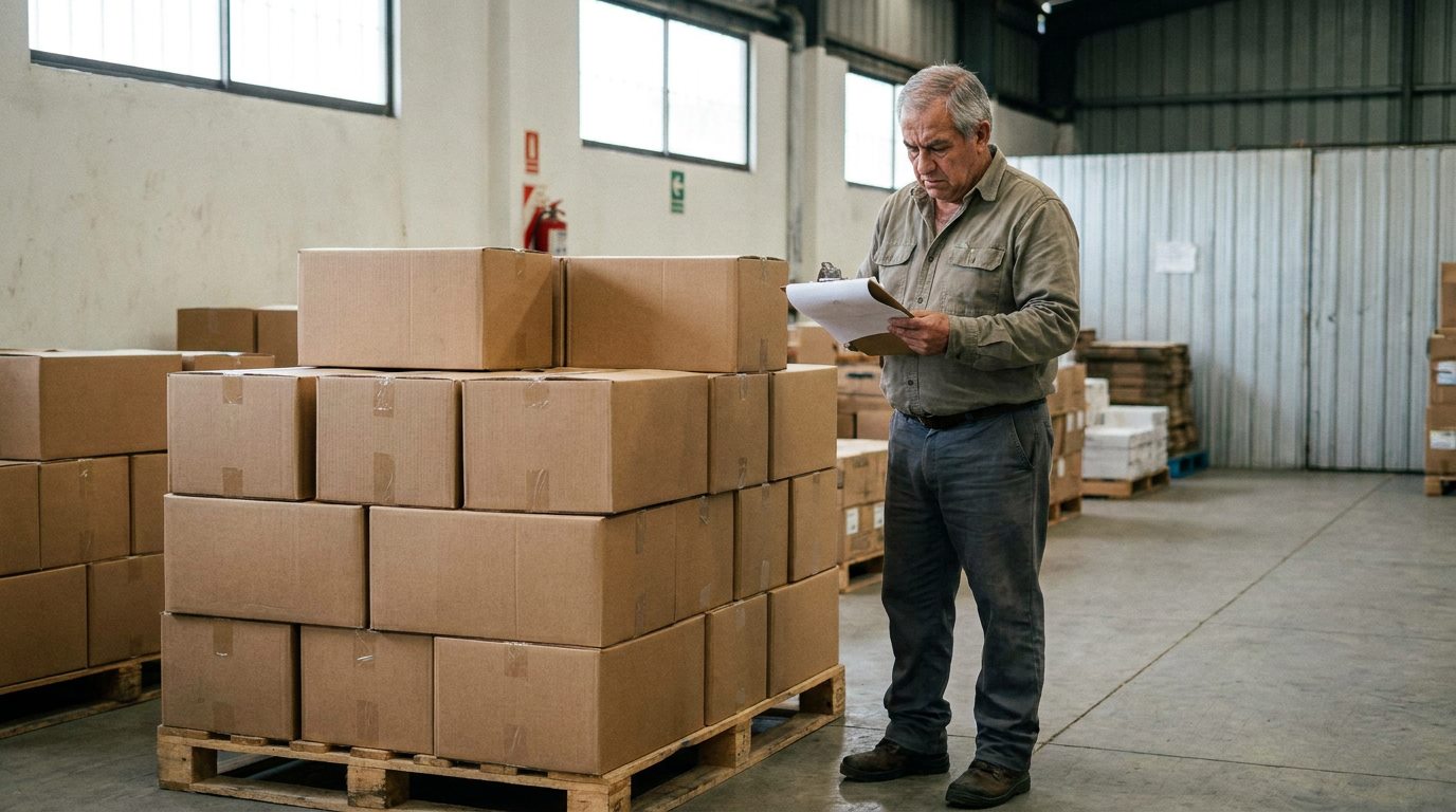 Encargado de bodega verificando mercadería recibida contra el documento