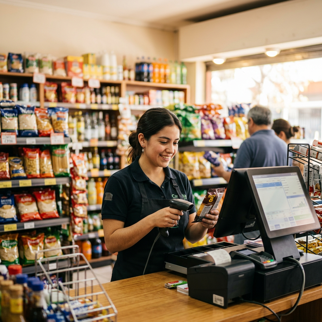 Cajera atendiendo en el mesón de un minimarket con lector de código de barras y pantalla POS